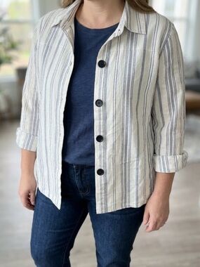dressbarn Cream and Blue Striped Button-Front Jacket